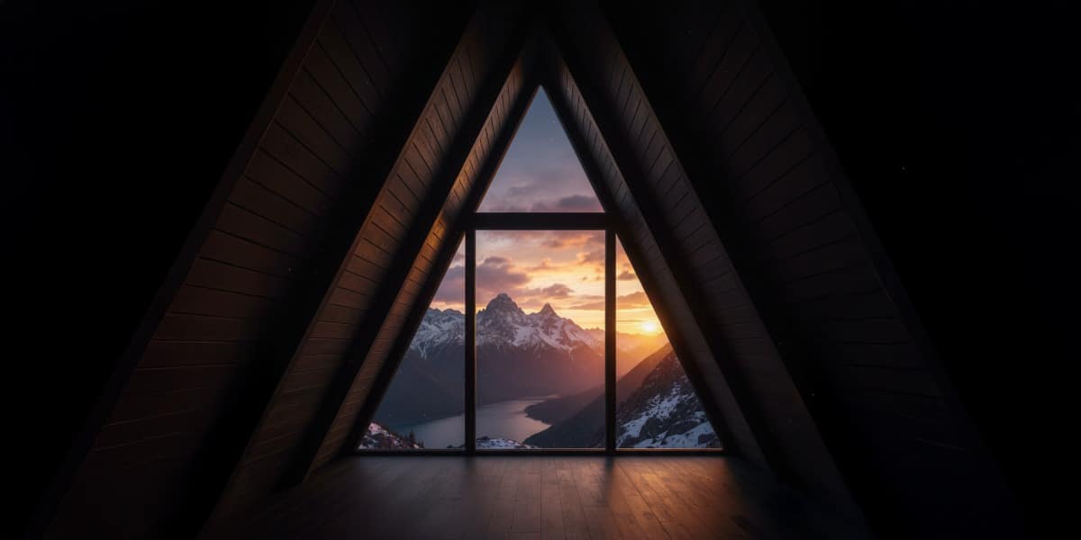 A beautiful, isolated A-frame house glowing at dusk in a misty forest, illustrating the A-frame paradox.